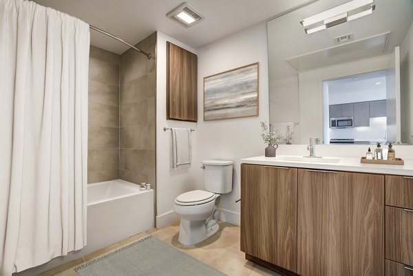 Modern bathroom with sleek fixtures at Lynhaven Apartments, a Greystar luxury apartment community