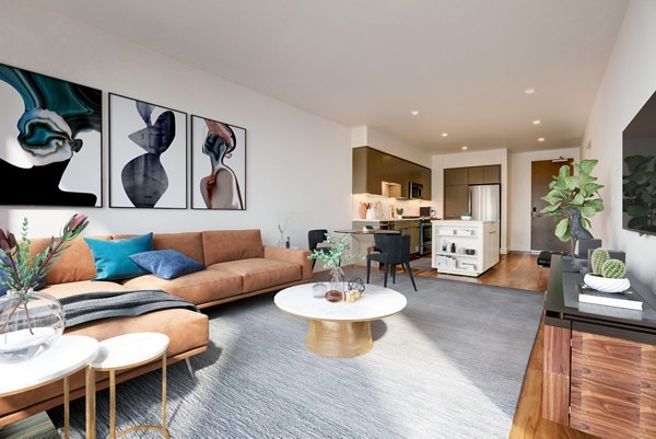 Spacious living room with modern dÃ©cor at Lynhaven Apartments