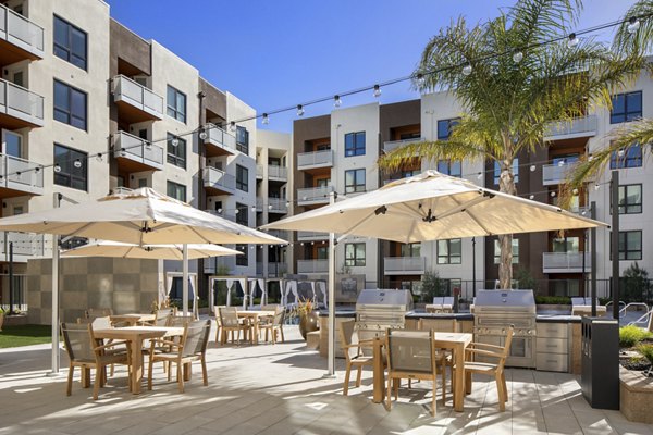 Outdoor grill area at Lynhaven Apartments with stainless steel grills and seating, perfect for entertaining in a modern community setting