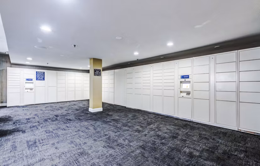 Modern clubhouse mail room with secure parcel lockers at The Chadwick Apartments