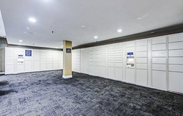 Modern clubhouse mail room with secure parcel lockers at The Chadwick Apartments
