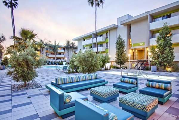 Patio at The Chadwick Apartments overlooking city skyline, ideal for relaxing outdoor space