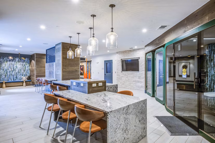 Study area with modern furnishings in Union Blacksburg Apartments clubhouse