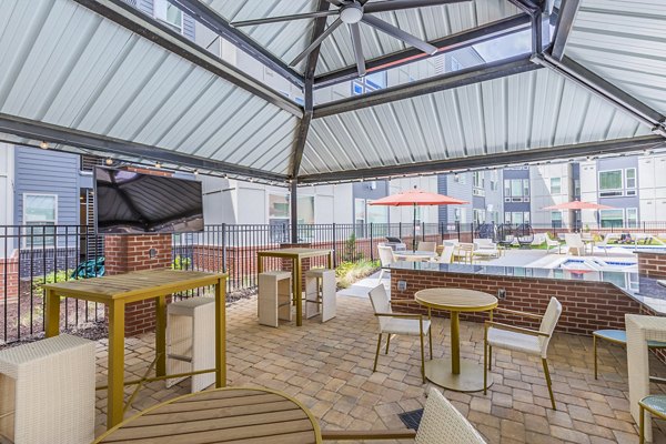Outdoor patio with BBQ grill area at Union Blacksburg Apartments