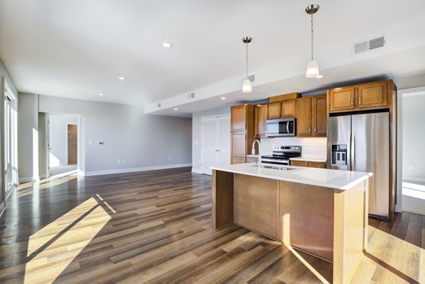 Modern kitchen with stainless steel appliances at Overlook at River Place Apartments, offering luxury living spaces