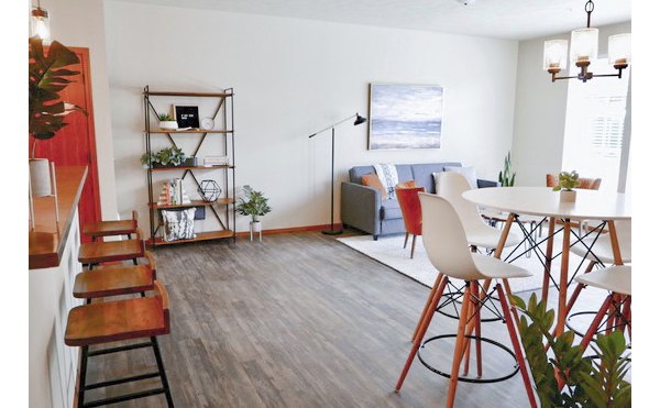 Dining area featuring modern decor and cozy seating at Diamond Rock Rentals