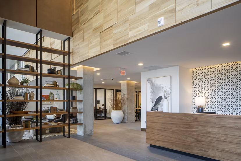 Elegant clubhouse at The Berkman Apartments featuring modern design and luxurious amenities in downtown Rochester