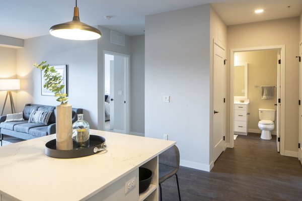 Modern kitchen with stainless steel appliances in The Berkman Apartments