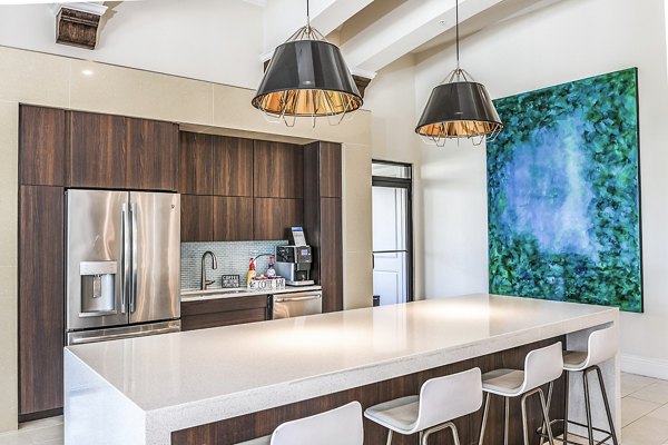 Clubhouse kitchen featuring modern appliances and island seating at Venetian Isle Apartments in luxury community setting