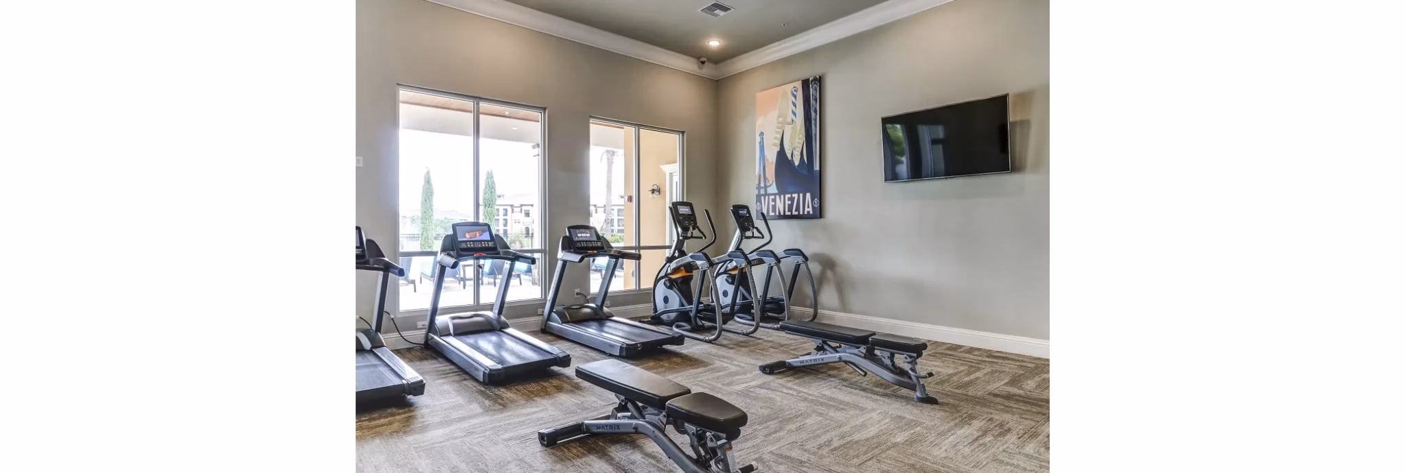 Modern fitness center with state-of-the-art equipment at Venetian Isle Apartments, offering premium workout facilities for residents