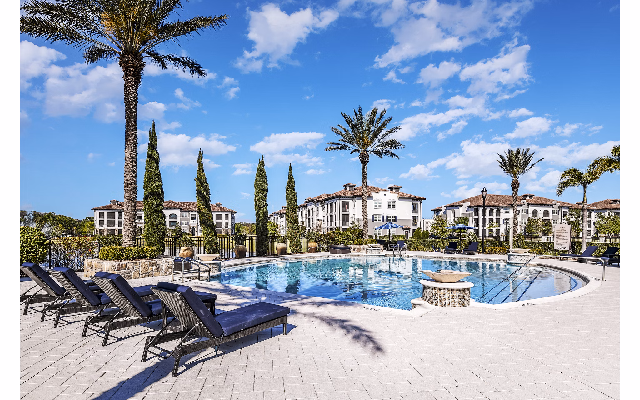 Resort-style pool with palm trees at Venetian Isle Apartments offering luxury living
