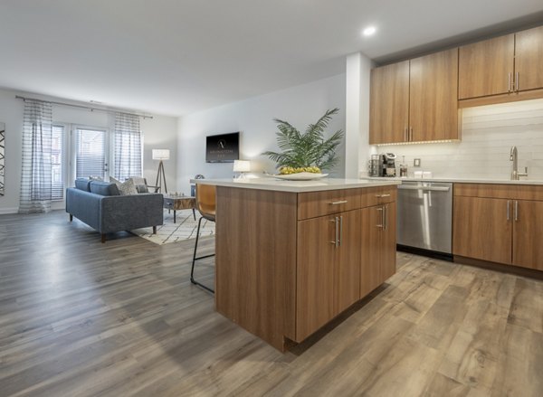 Kitchens with stainless steel appliances at Arlington 360 Apartments in Arlington, offering modern features and spacious design