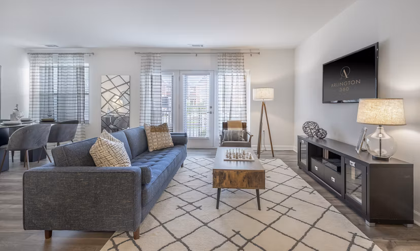 Spacious living room with modern decor at Arlington 360 Apartments