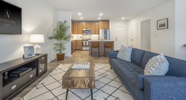 Spacious living room with modern furnishings at Arlington 360 Apartments