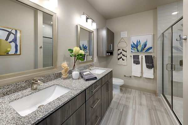 Luxurious bathroom with marble countertops at Domain Morgans Landing Apartments, offering premium living
