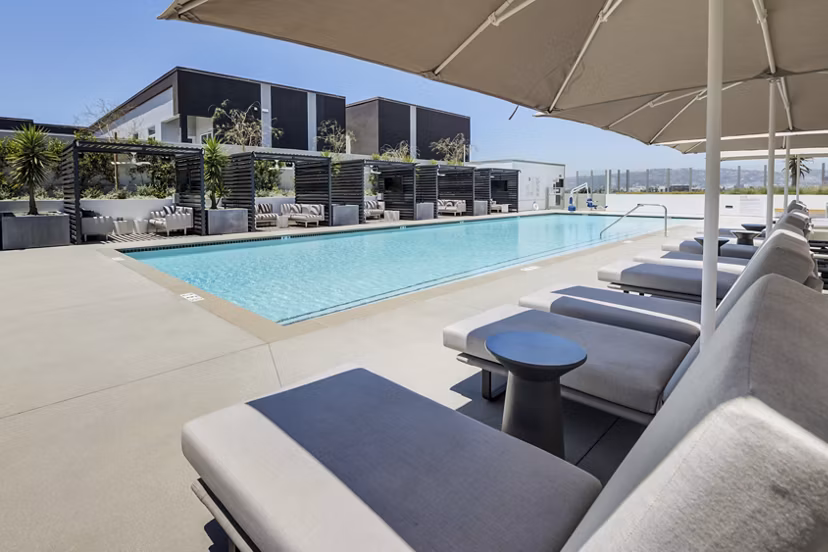 Stunning rooftop pool with skyline views at ARQ Apartments, luxury living by Greystar