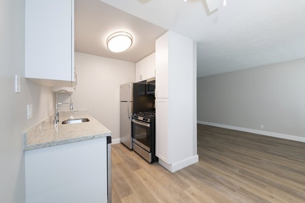 Modern kitchen with sleek countertops and stainless steel appliances in Oak & Iron luxury apartments