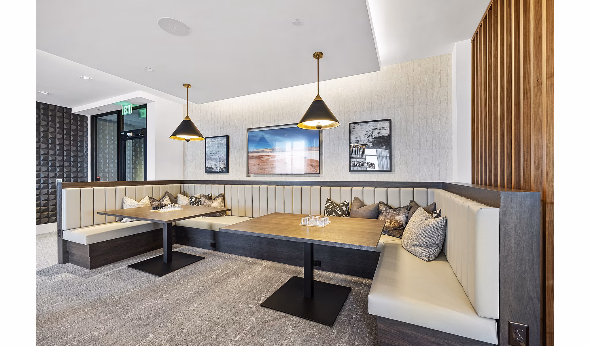 Clubhouse featuring modern design and spacious seating at Element SouthPark Apartments