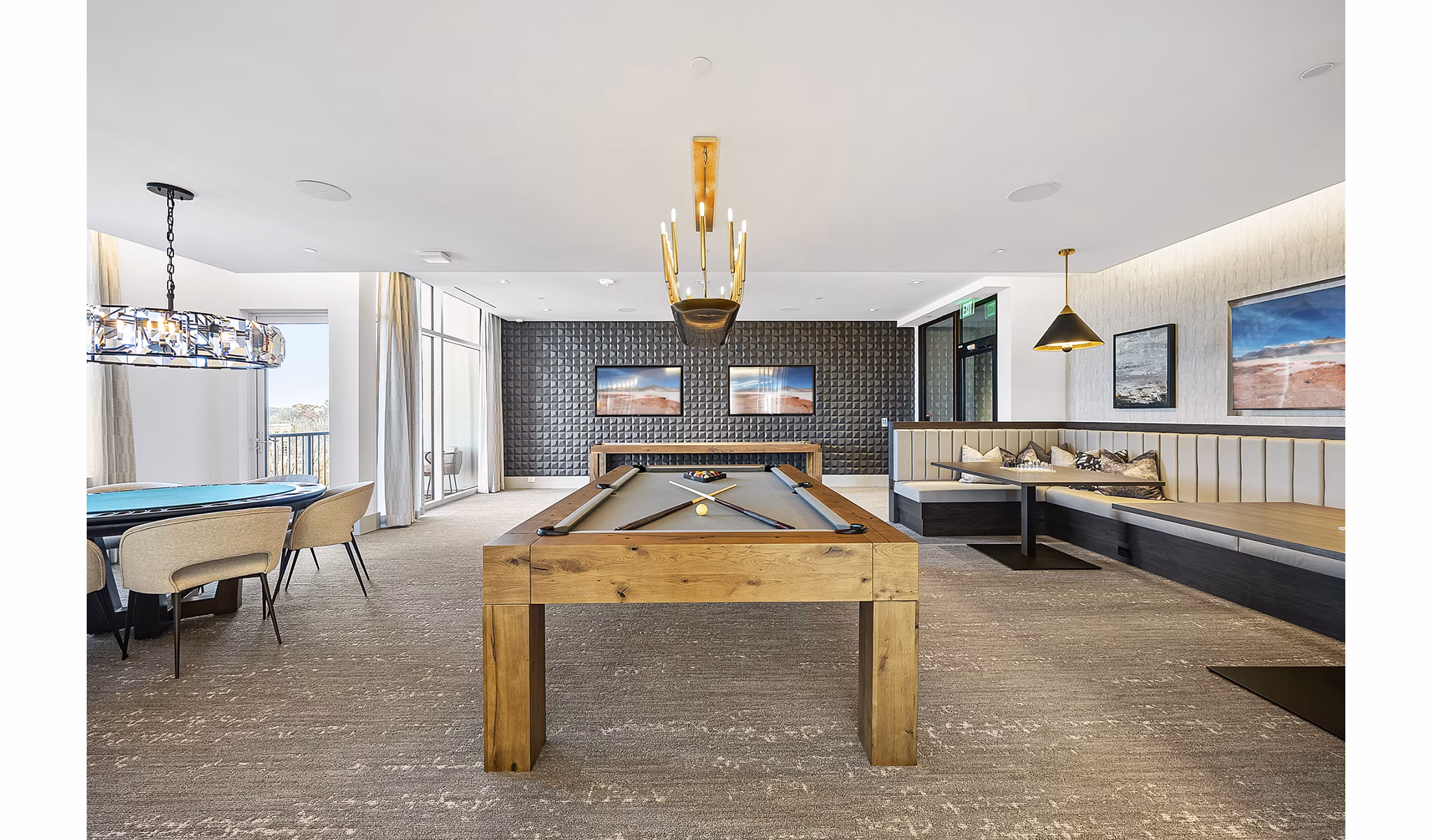 Game room featuring pool table and modern seating at Element SouthPark Apartments