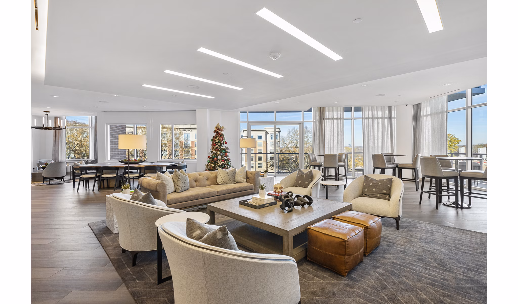 Modern clubhouse lobby featuring sleek dÃ©cor at Element SouthPark Apartments