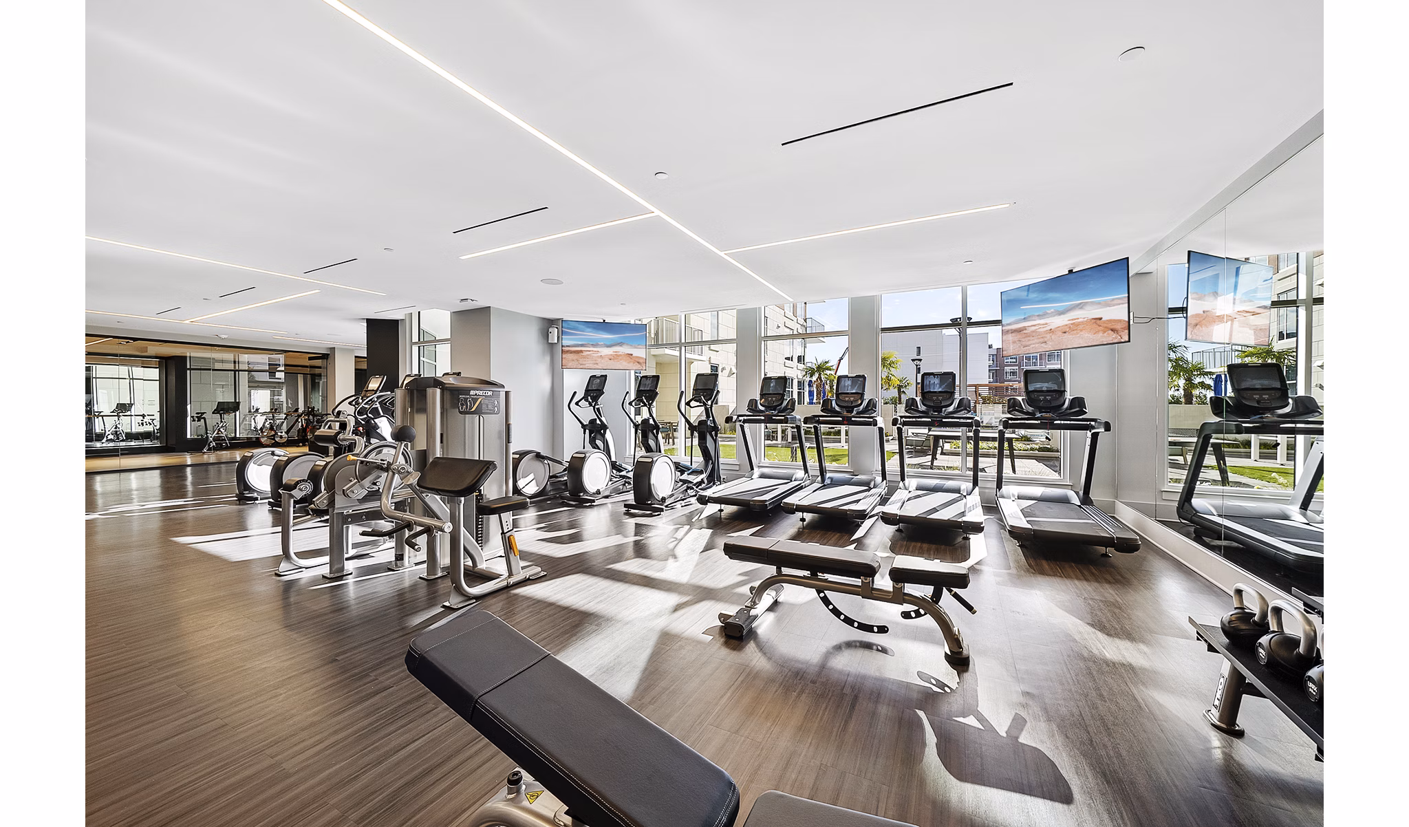 State-of-the-art fitness center with modern equipment at Element SouthPark Apartments, ideal for a luxury workout experience