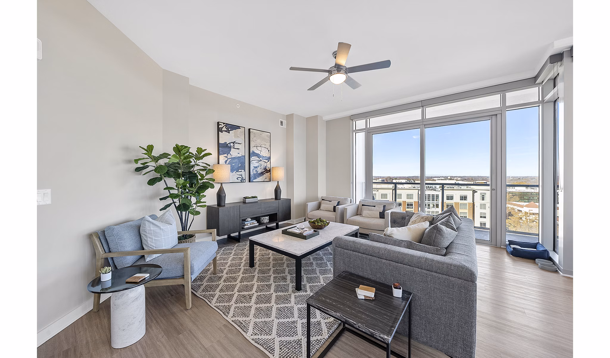 Contemporary living room with elegant dÃ©cor at Element SouthPark Apartments, offering luxurious living space in a premium location