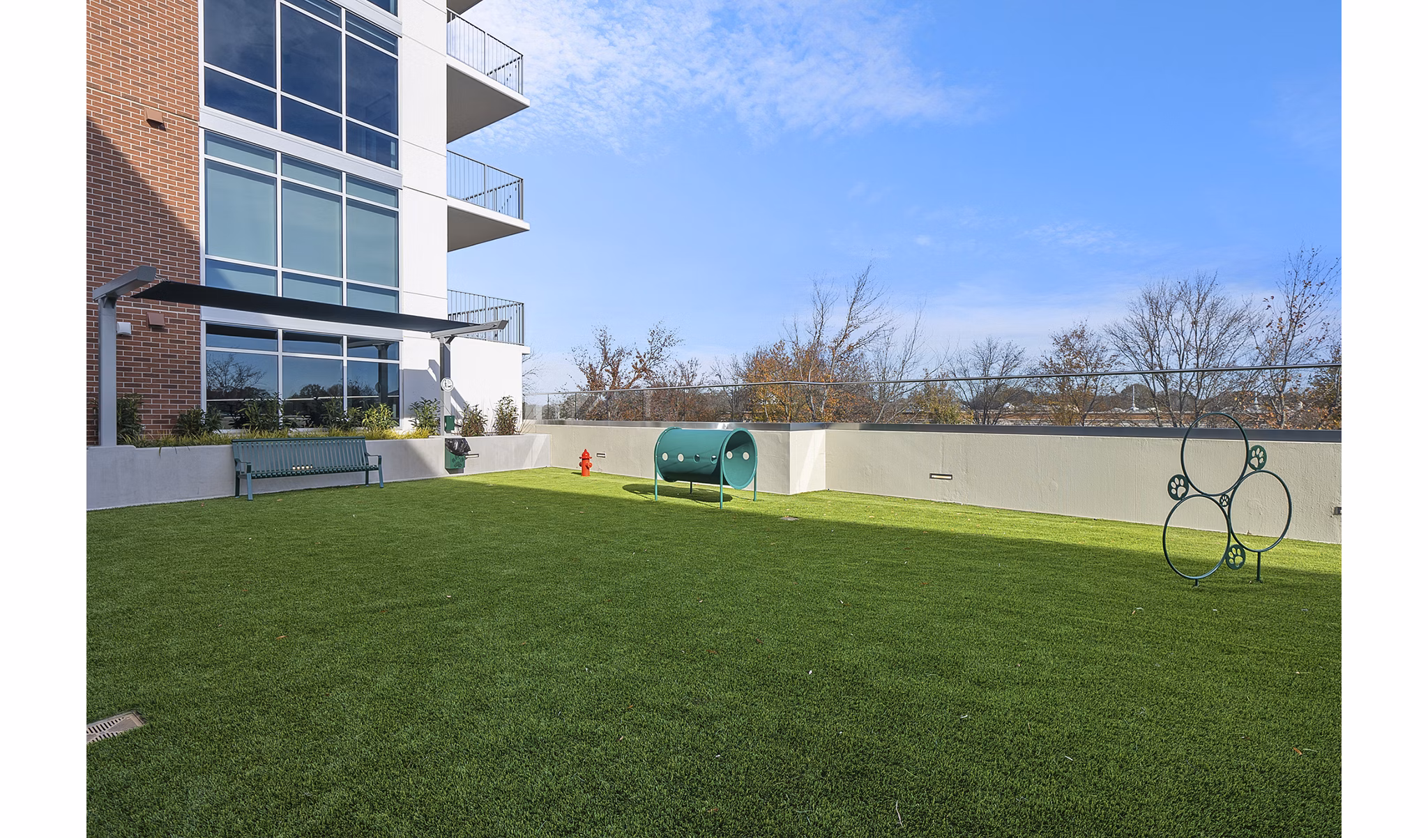 Dog park with agility equipment at Element SouthPark Apartments, offering pet-friendly amenities for residents in Charlotte