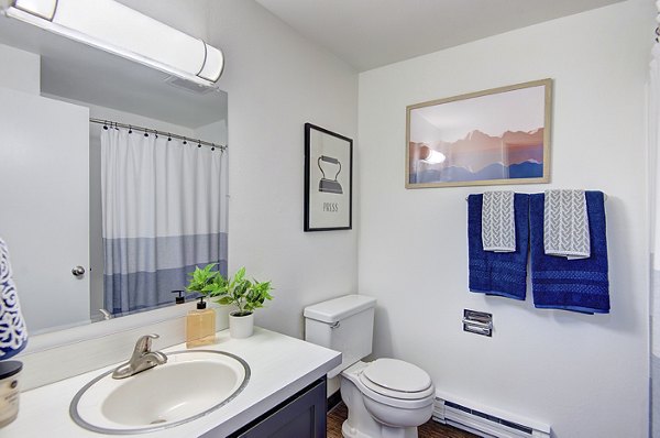 Elegant bathroom featuring modern fittings and marble countertops at Miro Apartments