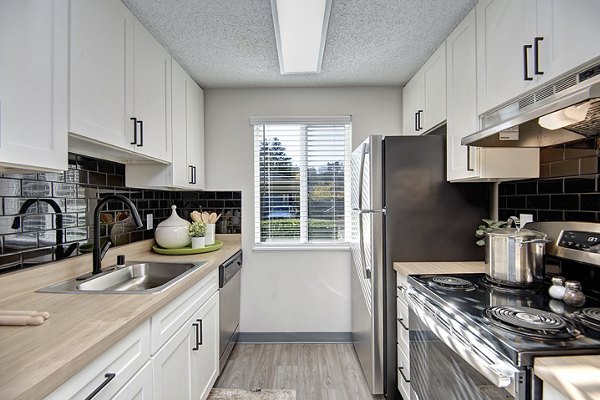 Modern kitchen with stainless steel appliances and quartz countertops at Miro Apartments luxury units