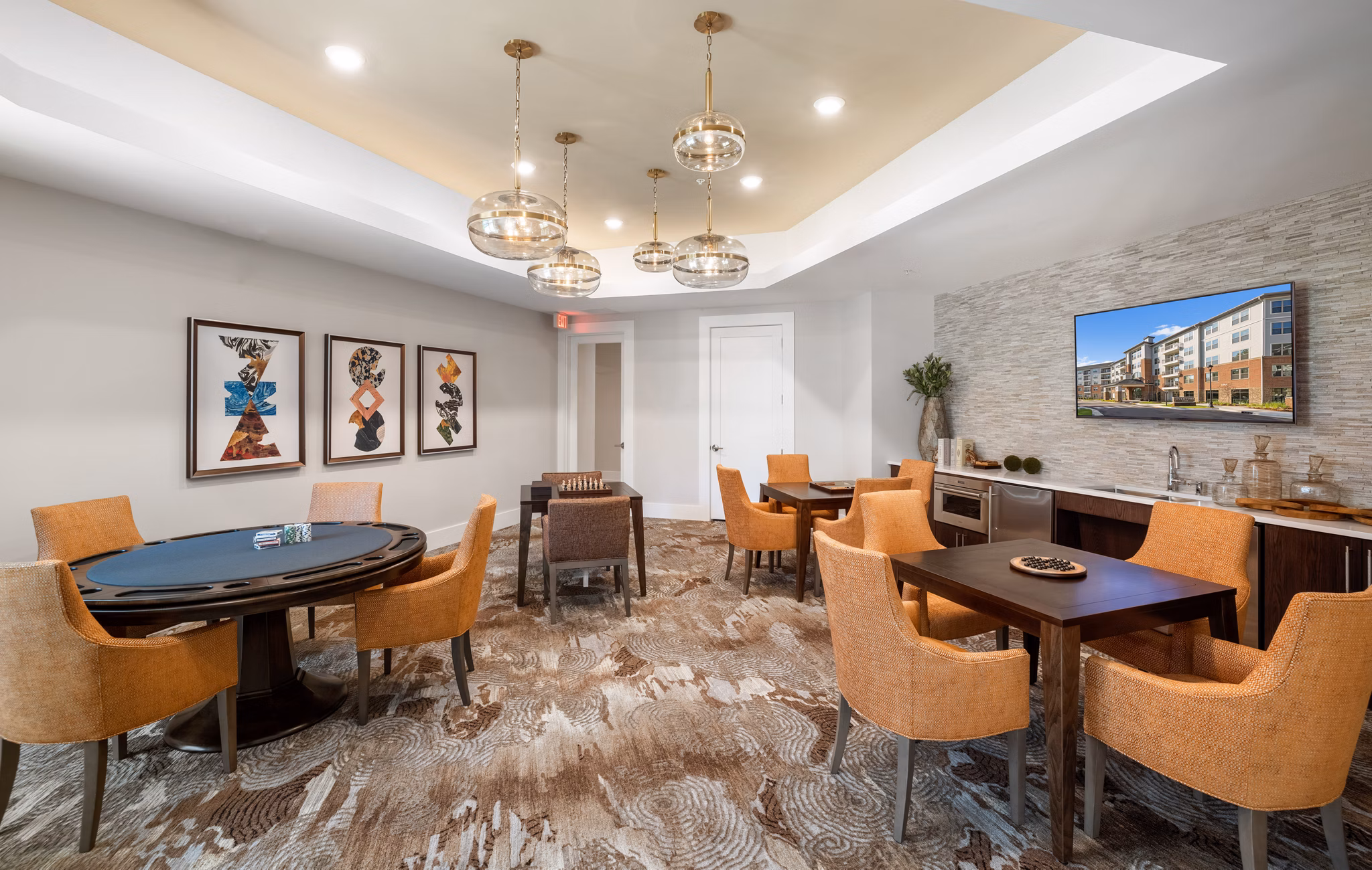 Clubhouse featuring modern design and open seating area at Overture Cary Apartments