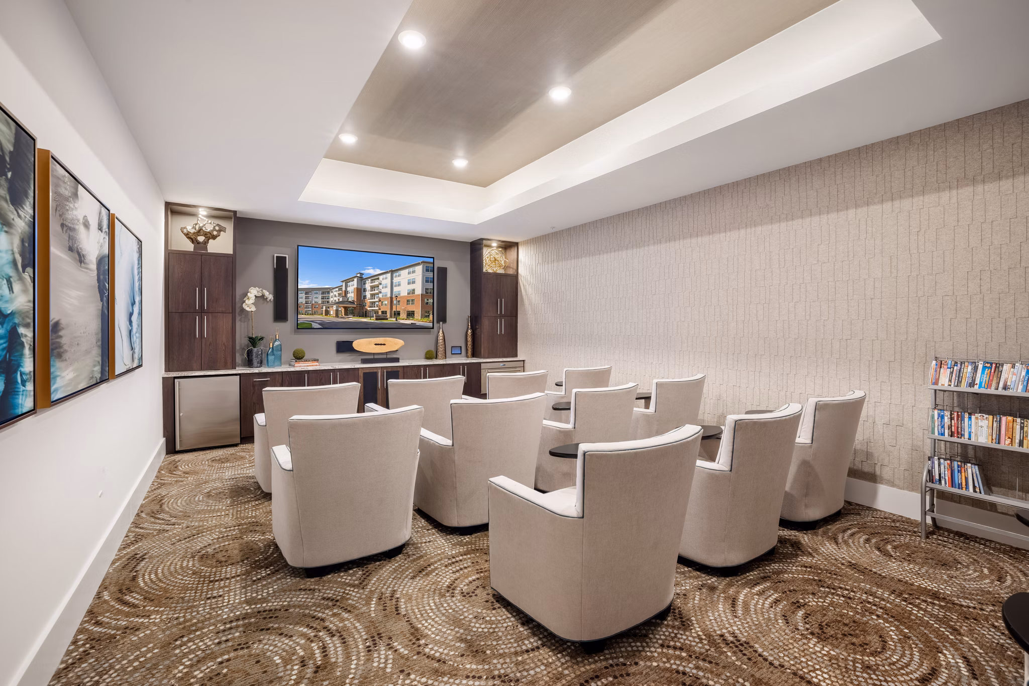 Luxury theater room with plush seating at Overture Cary Apartments, ideal for entertainment and leisure