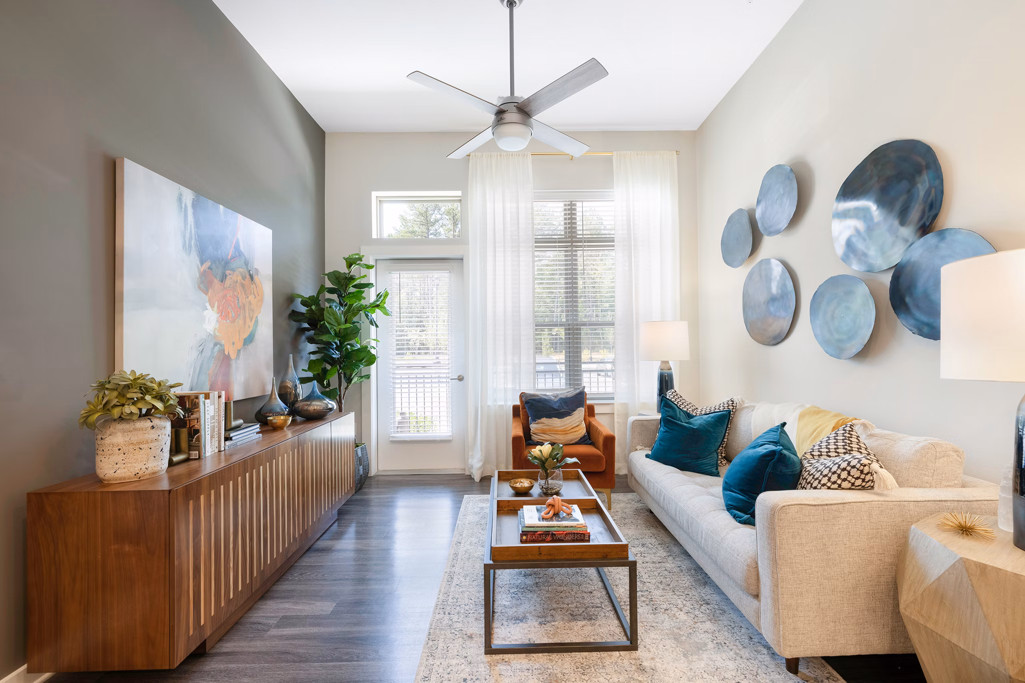 Spacious living room with modern decor in Overture Cary Apartments