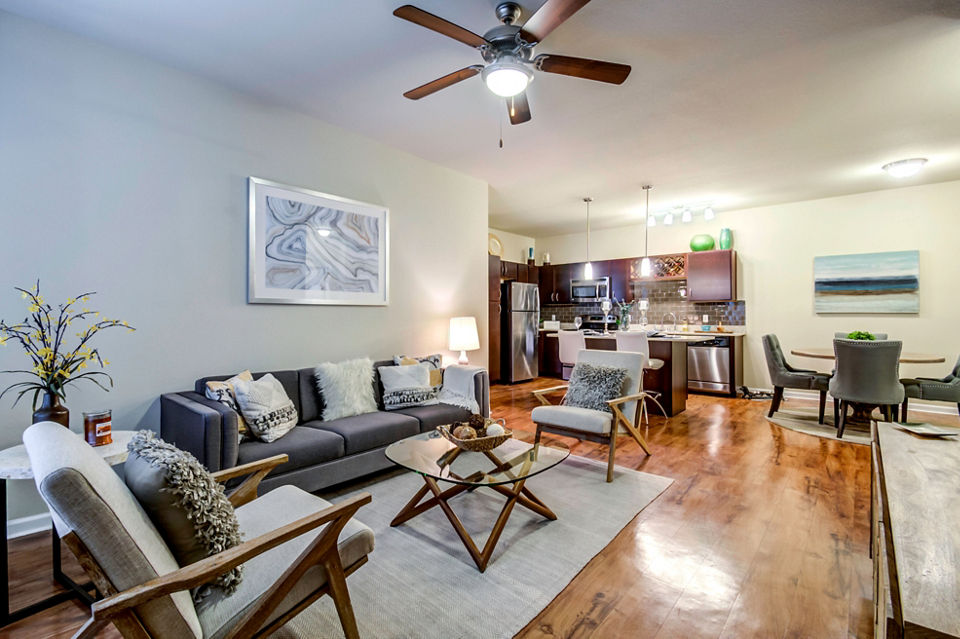 Cozy living room with contemporary furnishings at Sage Apartments, Greystar's luxury residential community