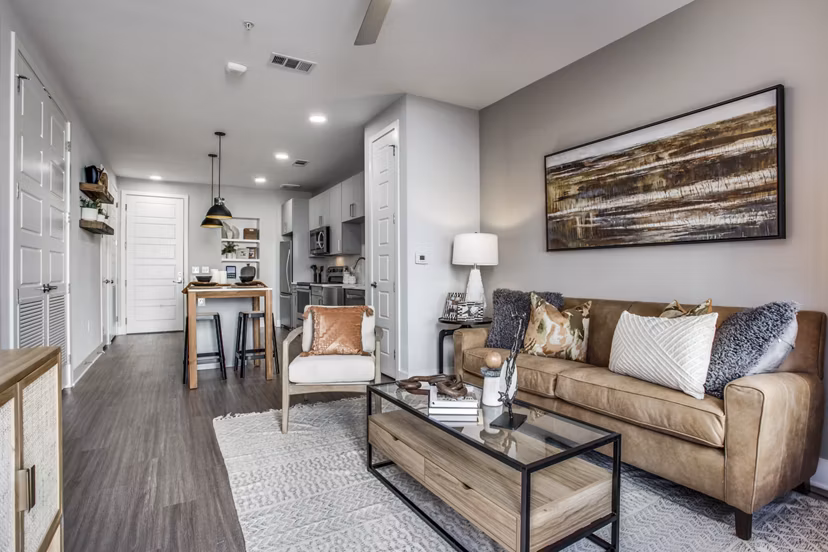 Modern living room with colorful decor in Trailhead Apartments