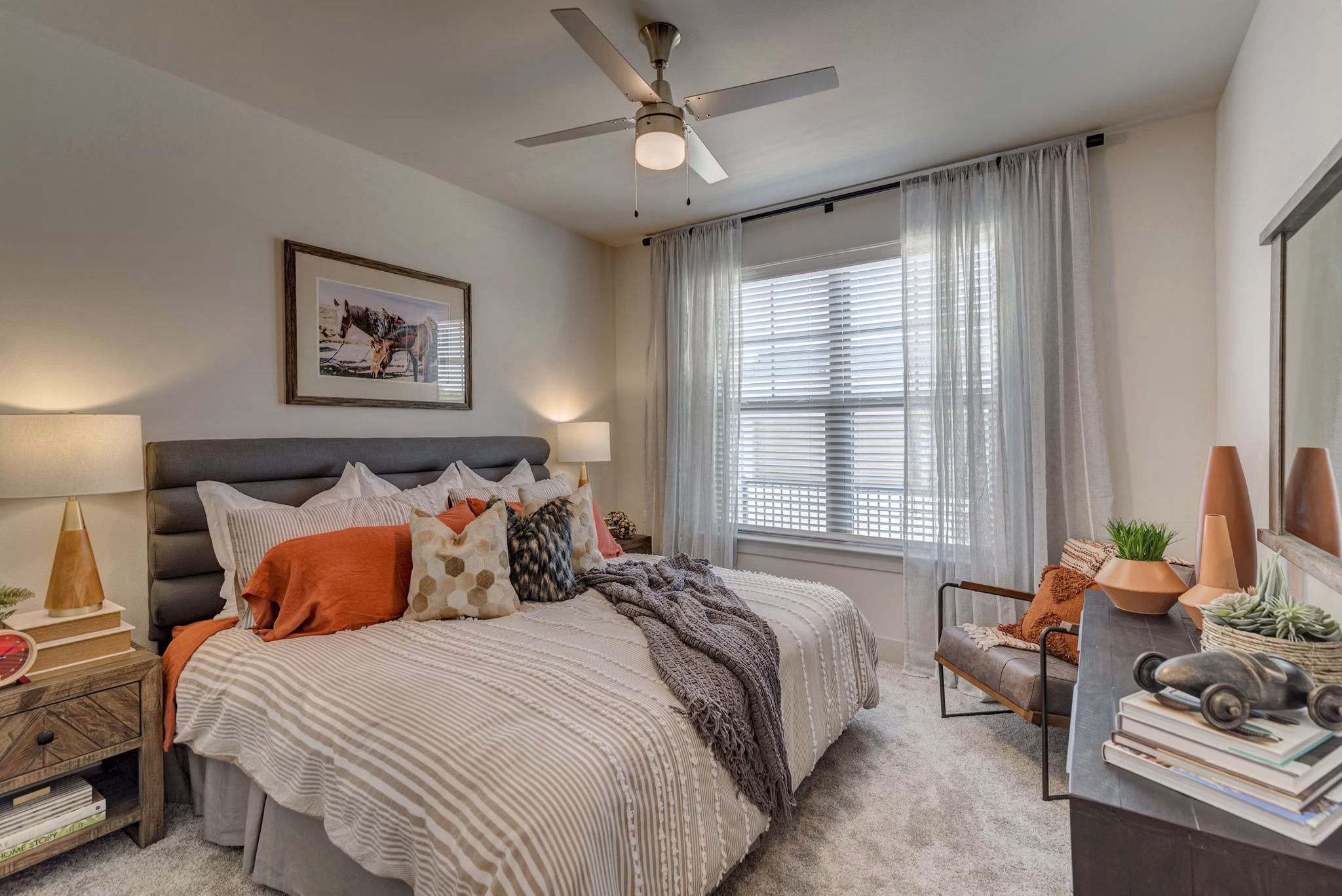 Cozy bedroom with modern decor at Album Keller Ranch Apartments, luxury living Ideal for restful nights and relaxation