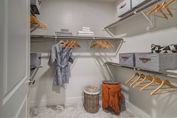 Spacious bedroom closet with built-in shelving and ample storage at Album Keller Ranch Apartments