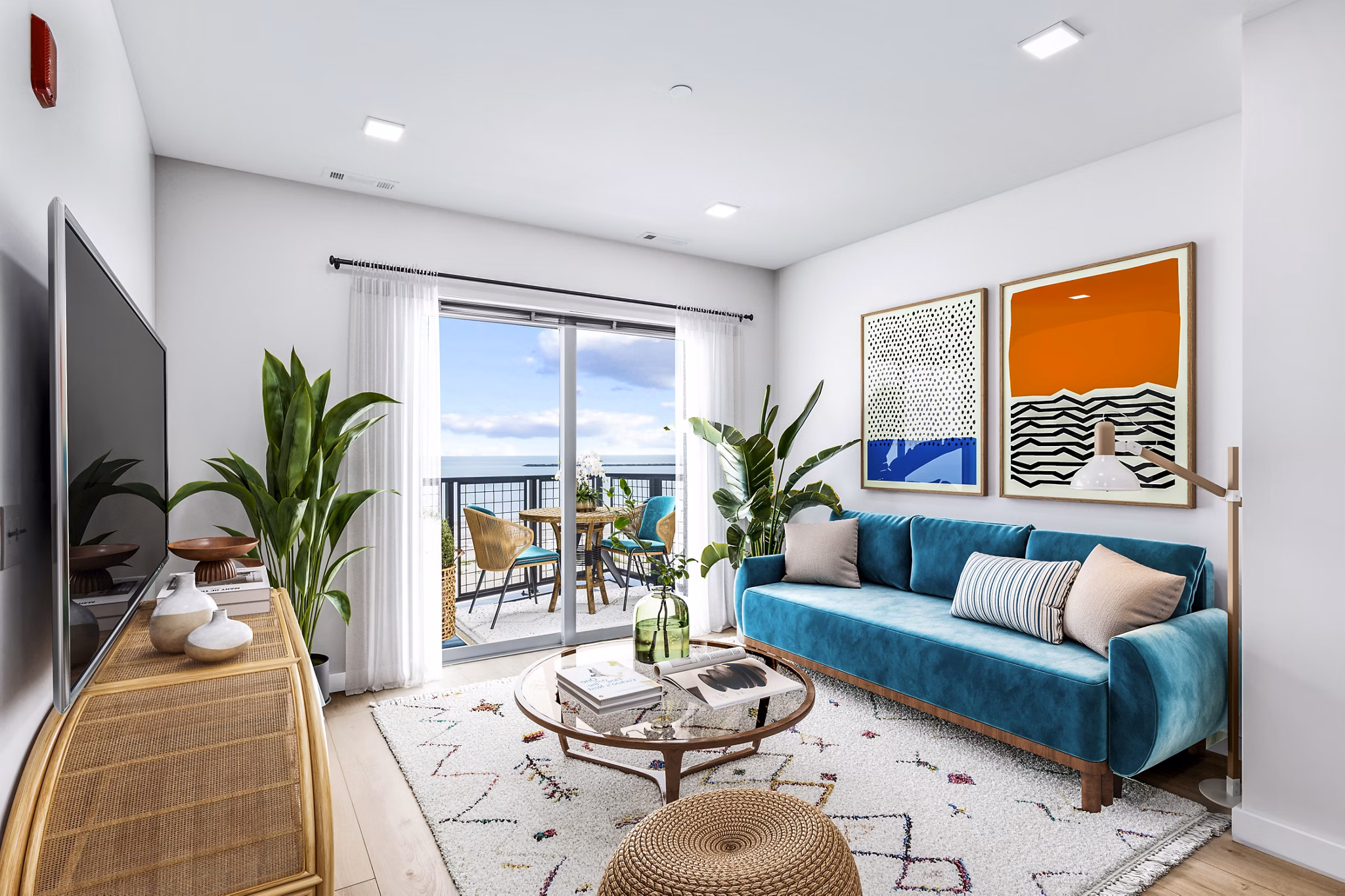 Modern living room with stylish decor and natural lighting in Ryder Apartments