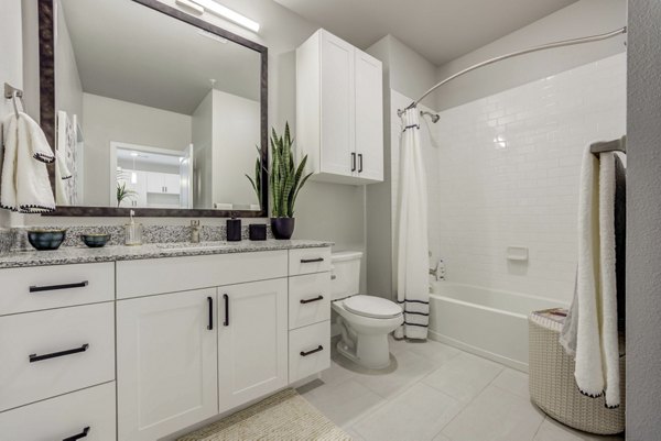 Modern bathroom with sleek fixtures at Alder Apartments featuring luxurious amenities