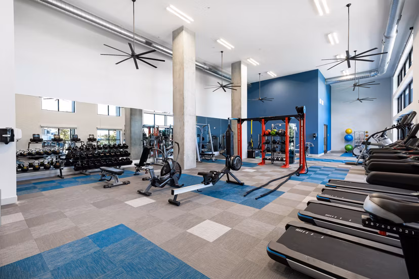fitness center at Korina at the Grove Apartments