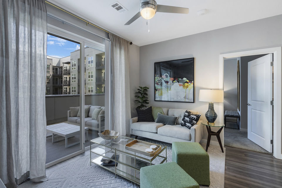 living room at Korina at the Grove Apartments