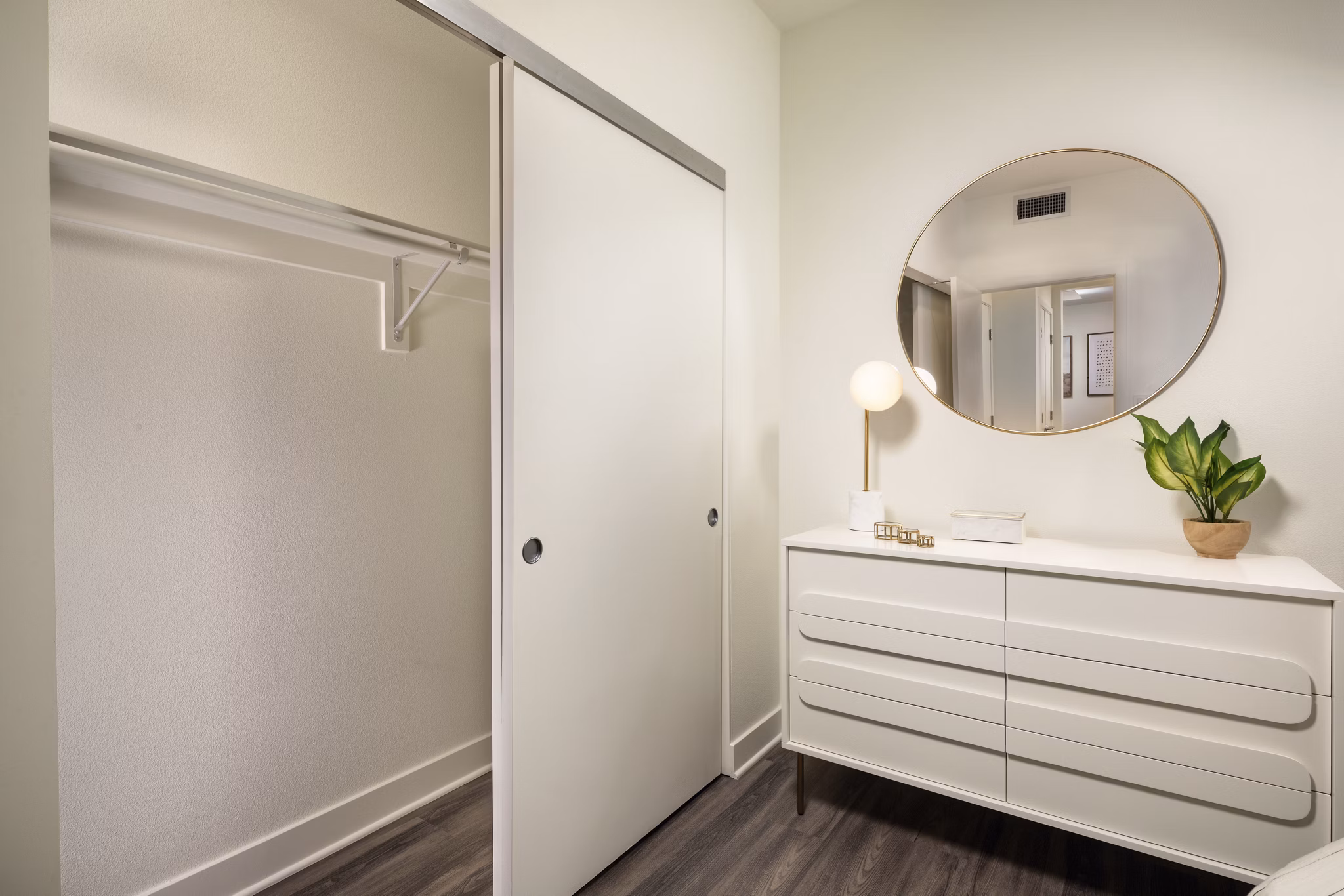 Spacious closet with built-in shelving in Rise Hollywood Apartments