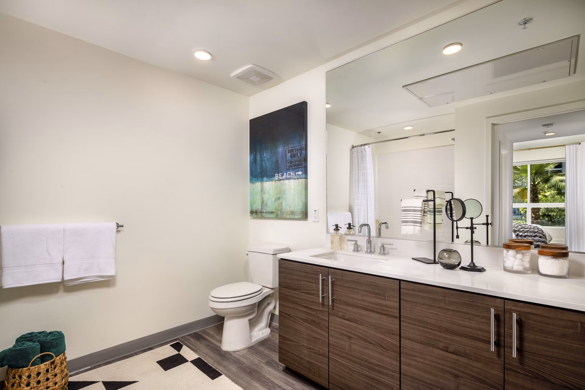 Bathroom with elegant white marble accents at Rise Hollywood Apartments, luxury living space with modern fixtures