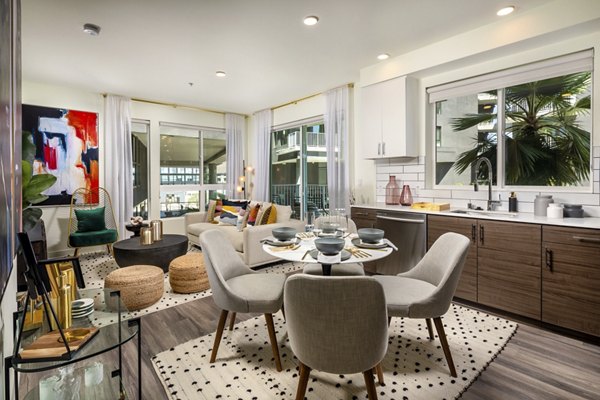 Dining area with modern furnishings at Rise Hollywood Apartments, Greystar luxury apartments in Los Angeles