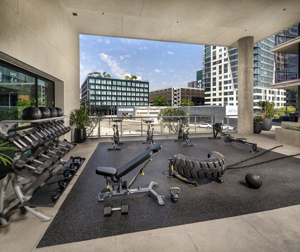 State-of-the-art fitness center with modern equipment at Rise Hollywood Apartments in the heart of Los Angeles