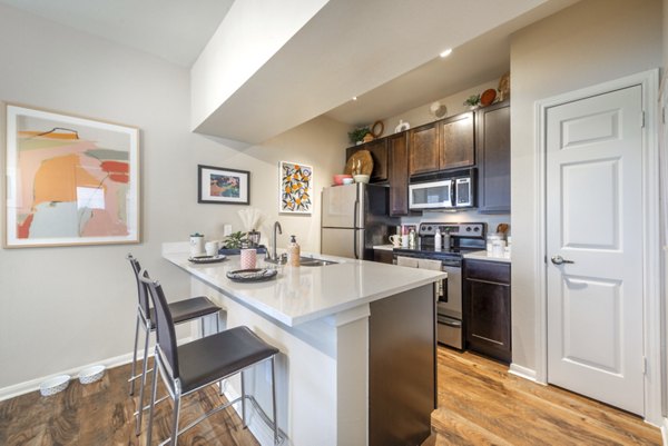 Modern kitchen at Hillside Ranch Apartments with stainless steel appliances and granite countertops, offering luxury living in a premier location