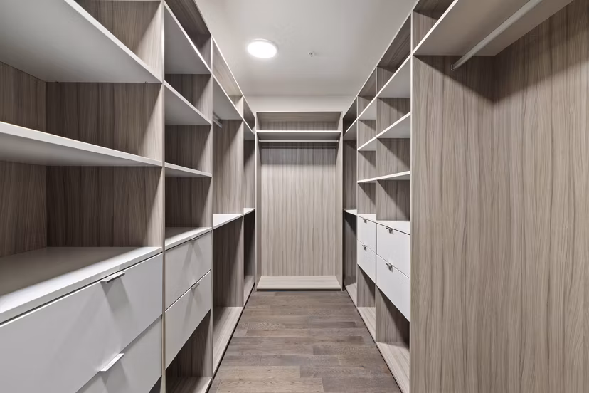 Walk-in closet with ample storage space in The Westcott Apartments
