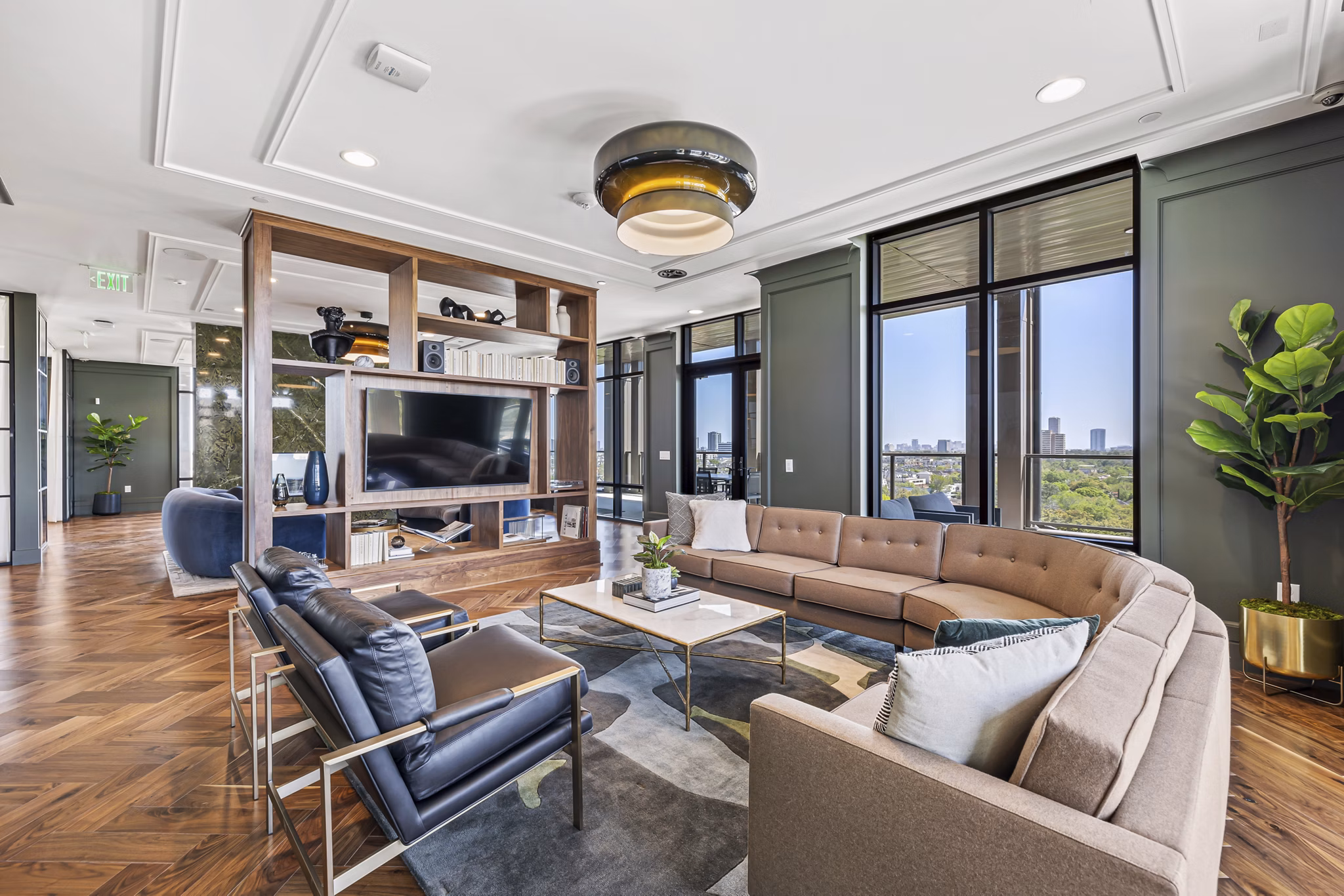 Modern clubhouse with communal seating and decor at The Westcott Apartments, luxury living in the heart of the community
