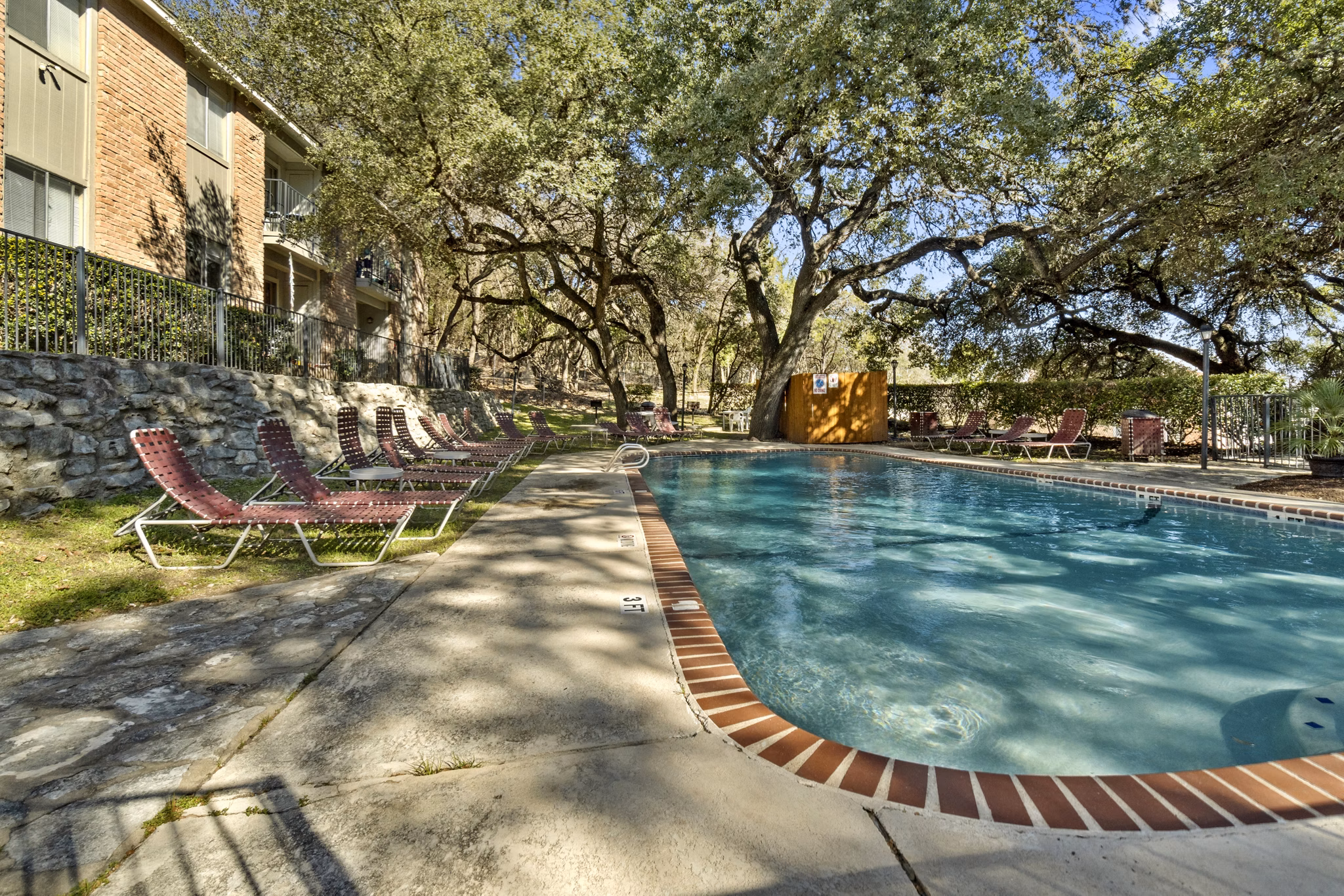 Sunlit pool area at Treehouse Apartments with lounge chairs - perfect for relaxation and luxury living