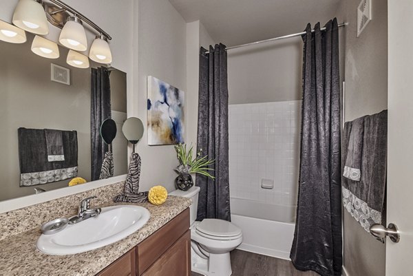Bathroom featuring modern fixtures at Roots at Waco Apartments