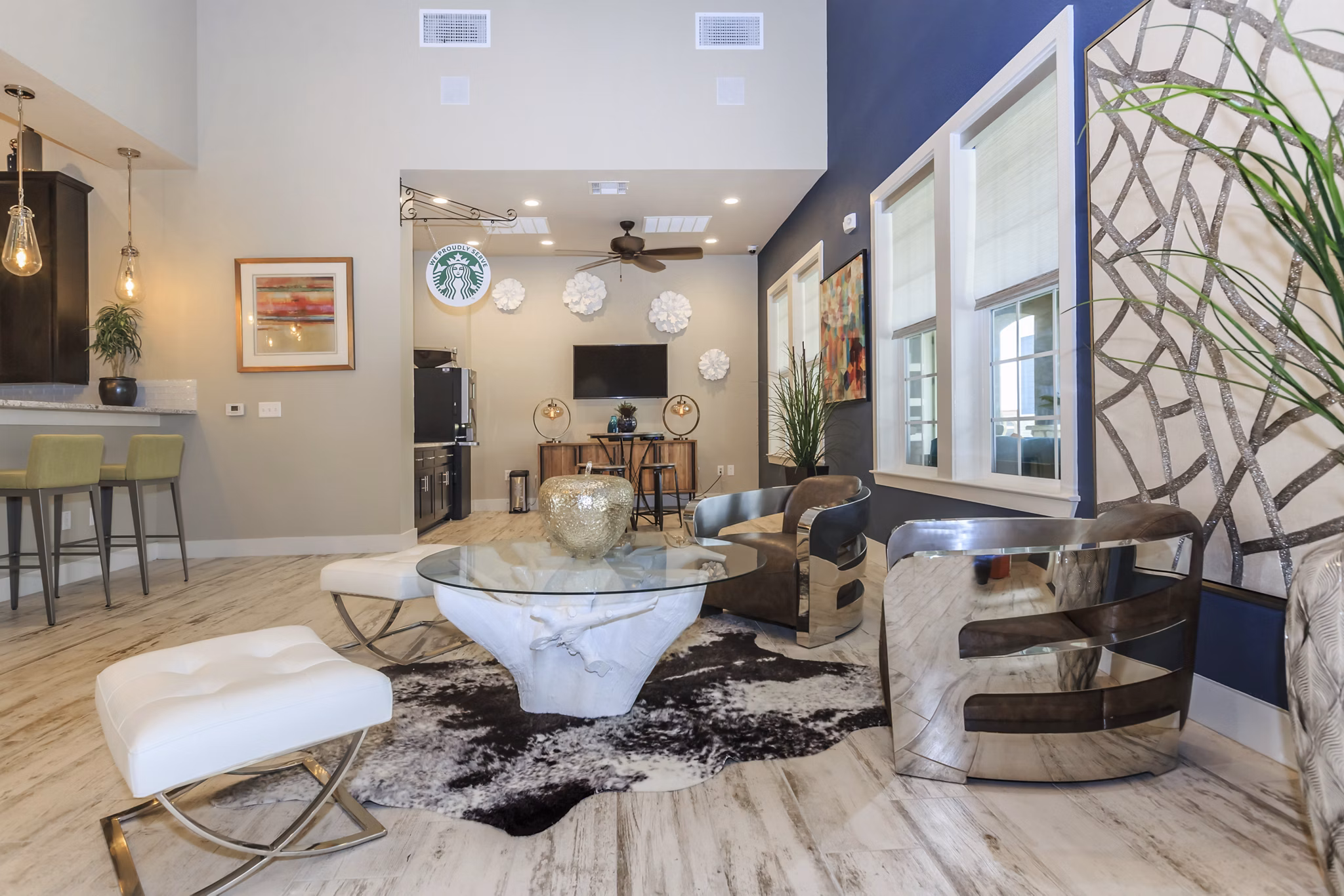 Clubhouse offering modern amenities at Roots at Waco Apartments, featuring spacious lounges and entertainment areas